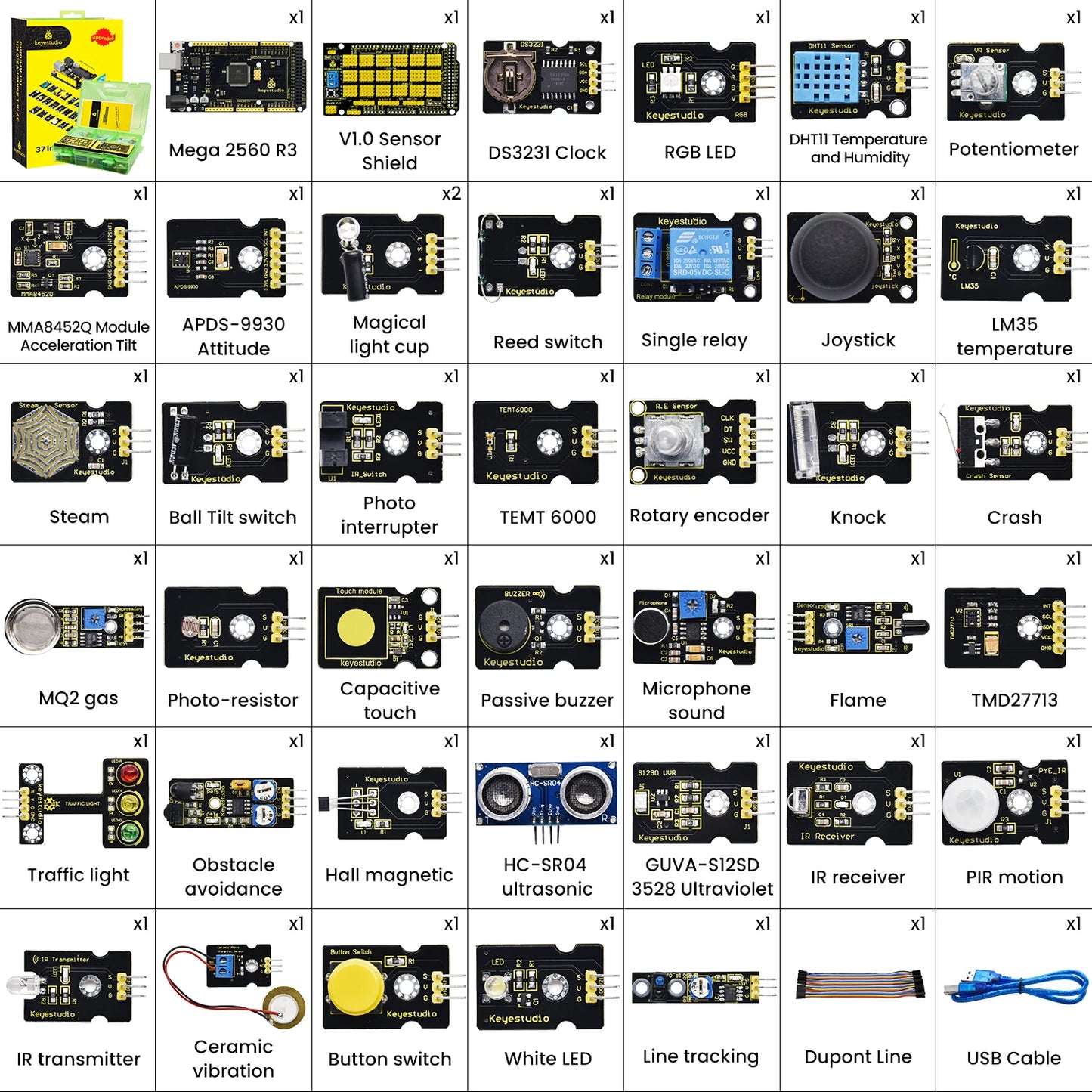 37 in 1 Box Sensor Kit V2.0 Mega Controller Board Sensor Electronic Kit for Arduino Starter Kit 37Pcs Modules