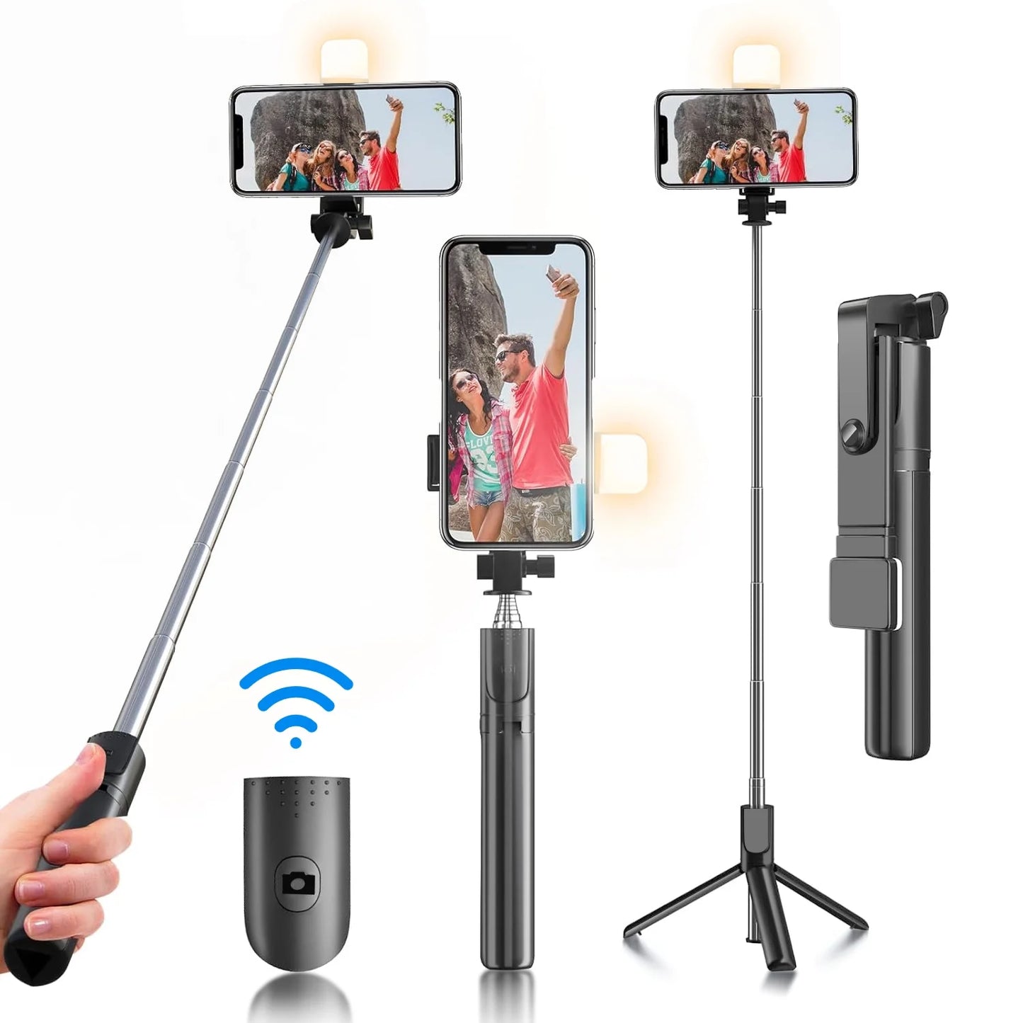 Selfie Stick, 40 in Retractable  with Remote, 2 Level Fill Light, Selfie Stick for Iphone Android, Black