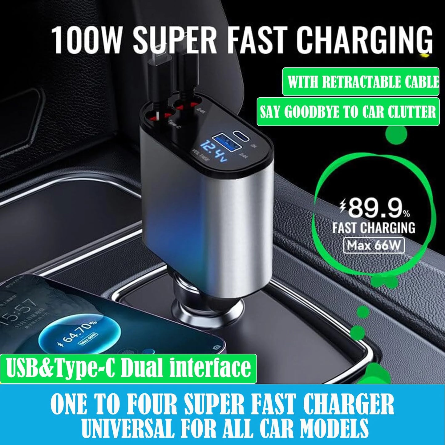 4 in 1 Retractable USB C Car Charger,100W Fast Charging Dual Port PD & QC Car Phone Charger Adapter with 2.6Ft Built-In Retractable Iphone/Type C Cable,Compatible with Iphone Android,Car Accessories