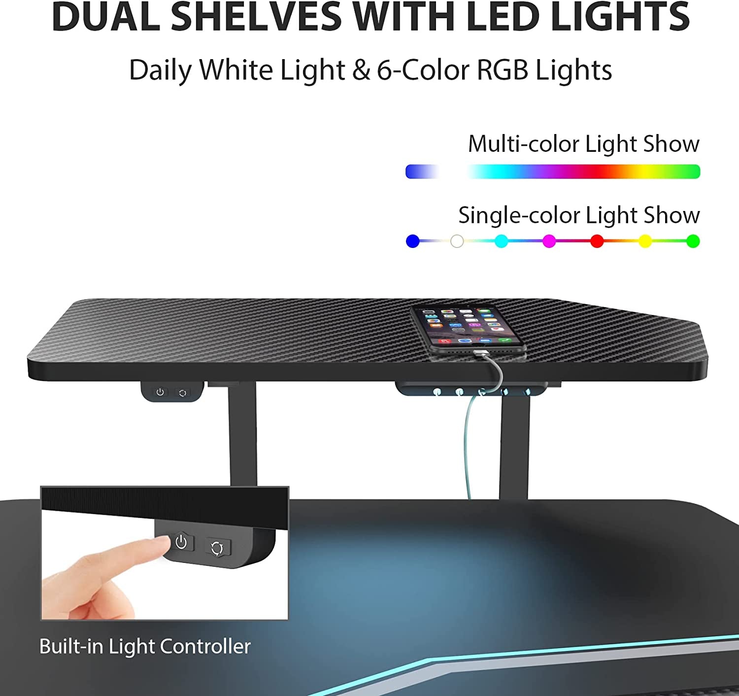 Gaming Desk, Standing Desk Keyboard Tray, 72" Wing Shaped Music Studio Desk Electric Adjustable Height Desk Sit Stand Desk with LED Shelves, Gaming Recording Live Stream, Slot Design