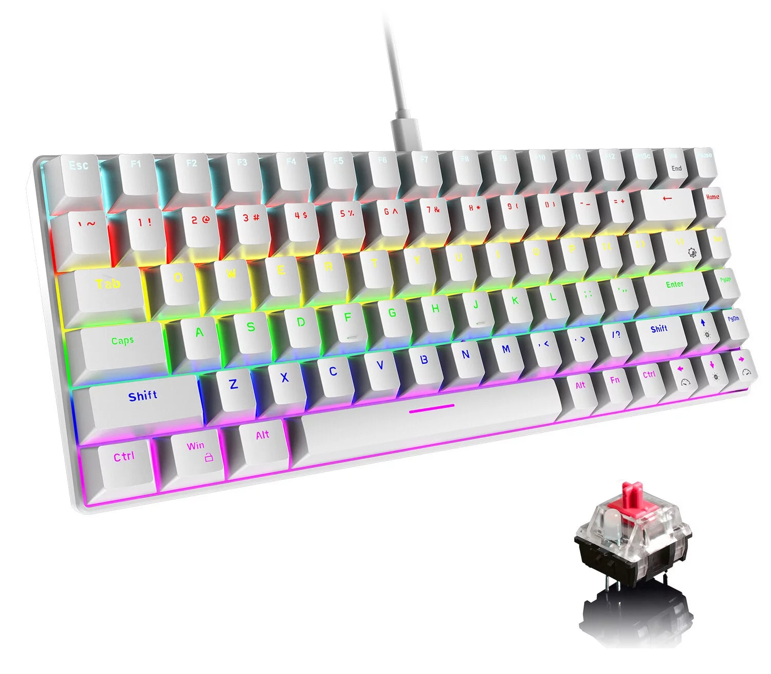 Wired Gaming Keyboard Rainbow Backlit Mechanical Keyboard Type-C 84 Keys Full Keys Anti-Ghosting for PC Gamers Work Office Blue Switch & Red Switch