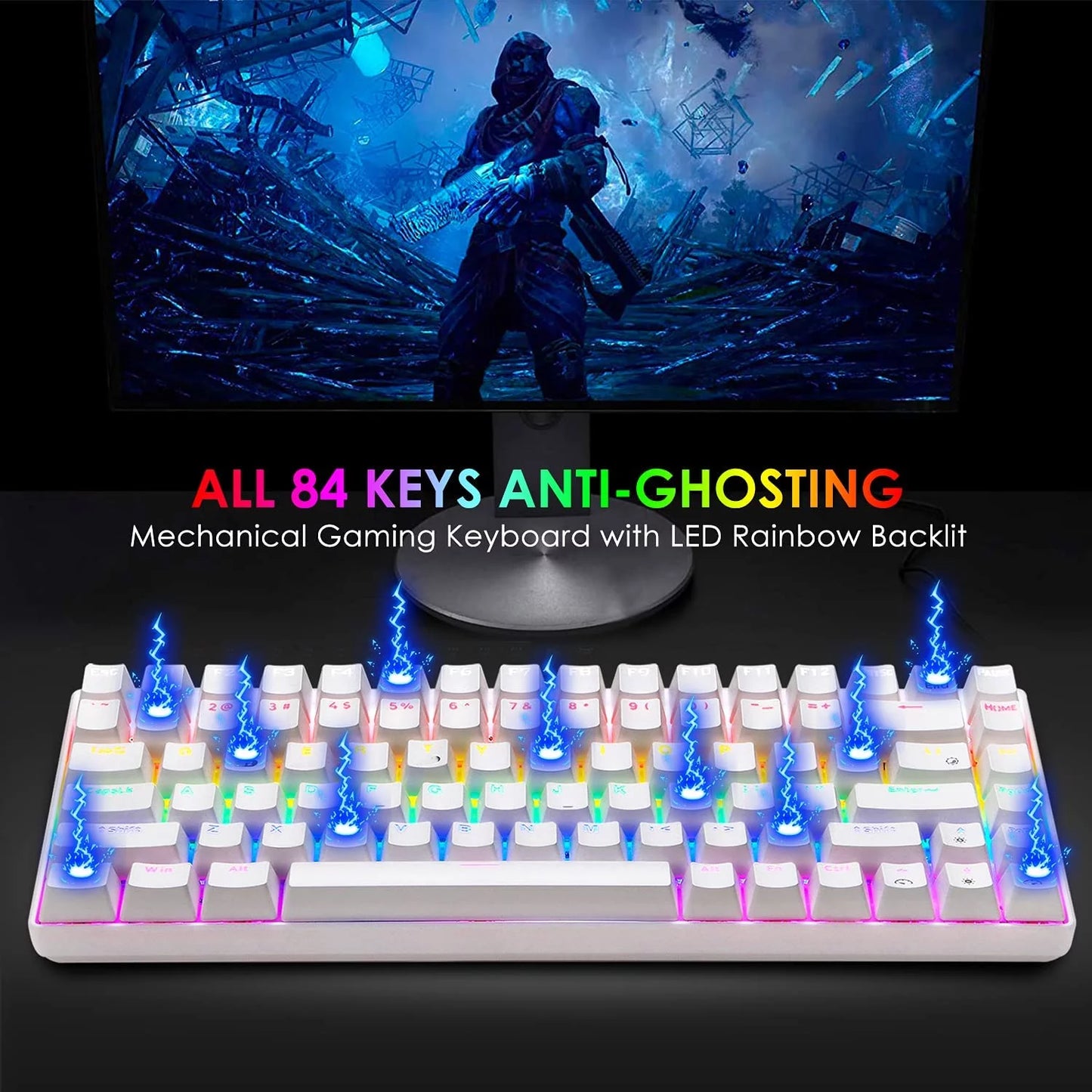 Wired Gaming Keyboard Rainbow Backlit Mechanical Keyboard Type-C 84 Keys Full Keys Anti-Ghosting for PC Gamers Work Office Blue Switch & Red Switch