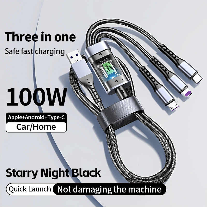 100W 3 in 1 Transparent Fast Charging Cable Type C Usb Micro for Iphone Samsung Huawei Xiaomi Pilot Lamp Charger Usb C 6A