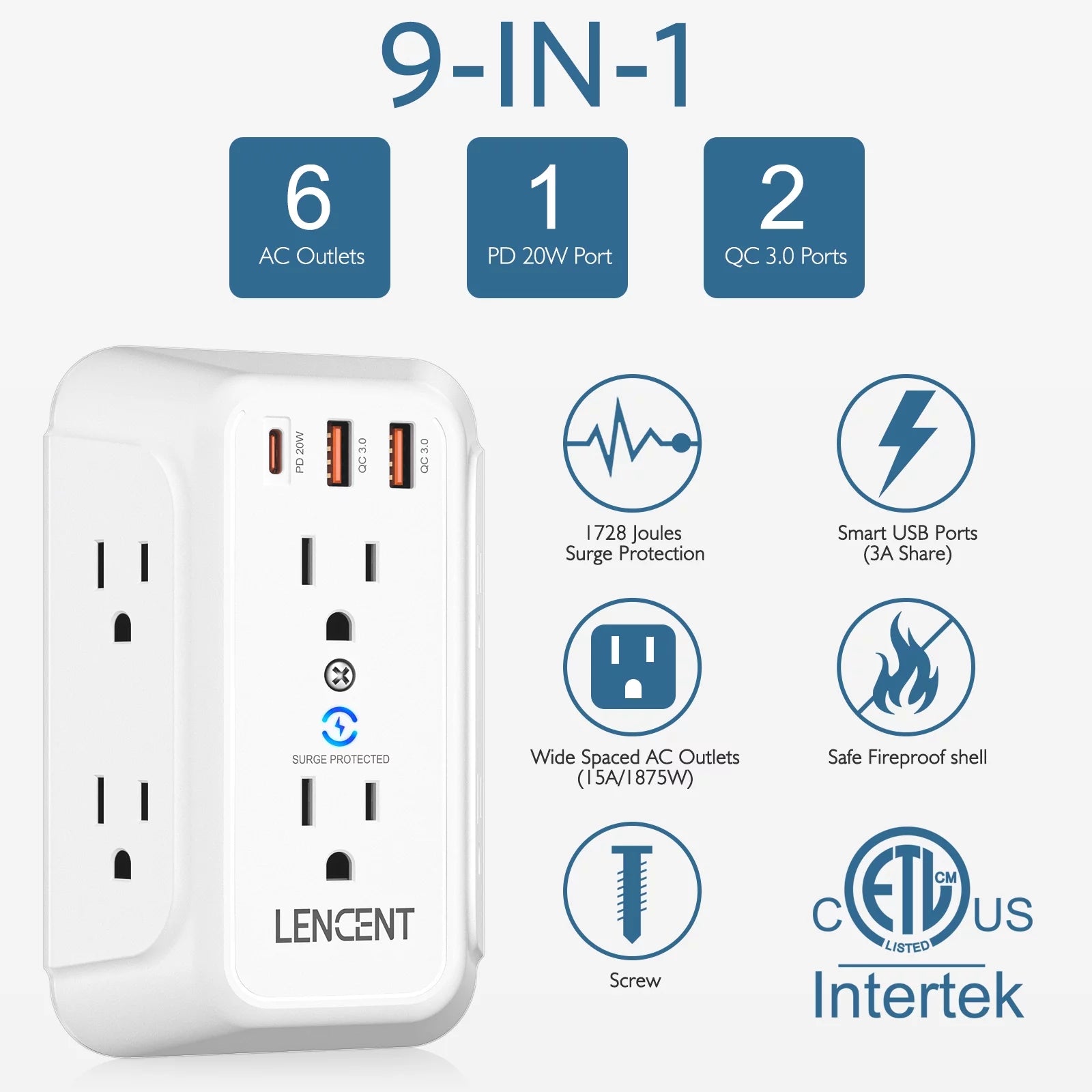 Surge Protector with USB, Multi Plug Outlet Extender, 6 Outlets Wall Adapter, Electrical Outlet Expander, Multiple Outlet Wall Tap Charger, Power Strip with Surge Protection