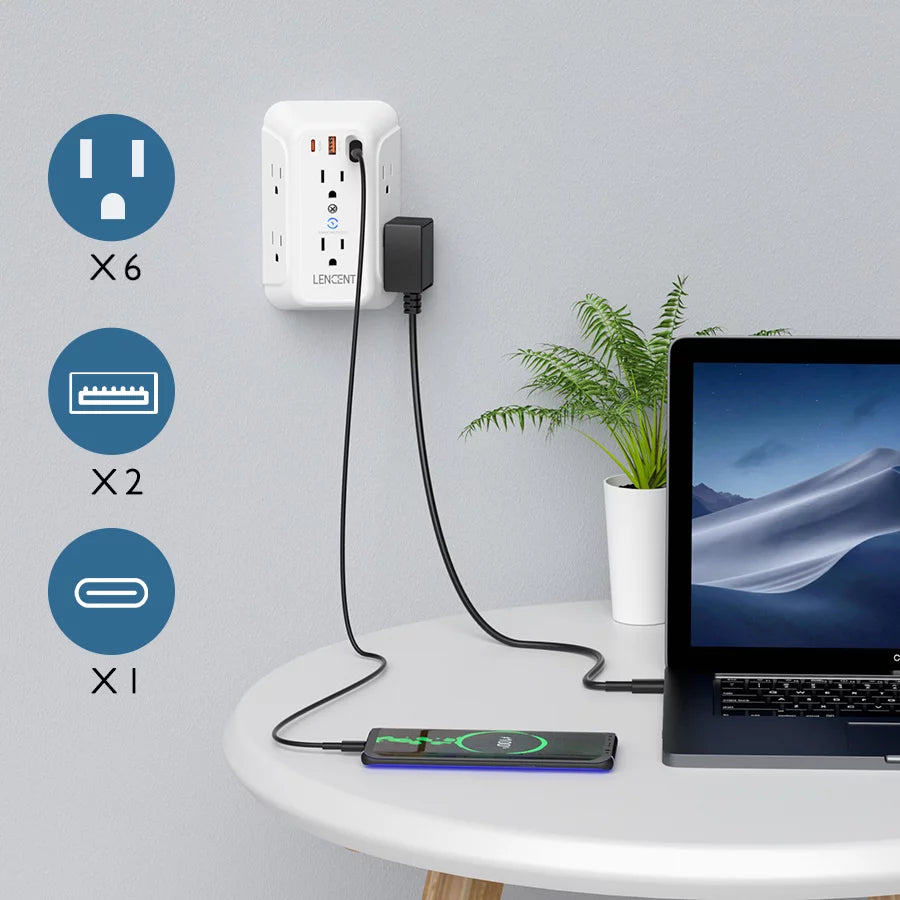 Surge Protector with USB, Multi Plug Outlet Extender, 6 Outlets Wall Adapter, Electrical Outlet Expander, Multiple Outlet Wall Tap Charger, Power Strip with Surge Protection